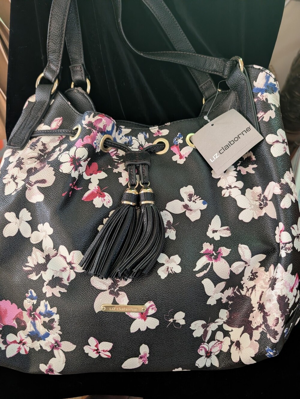 Liz Claiborne Black Floral Tassel Shoulder Hobo